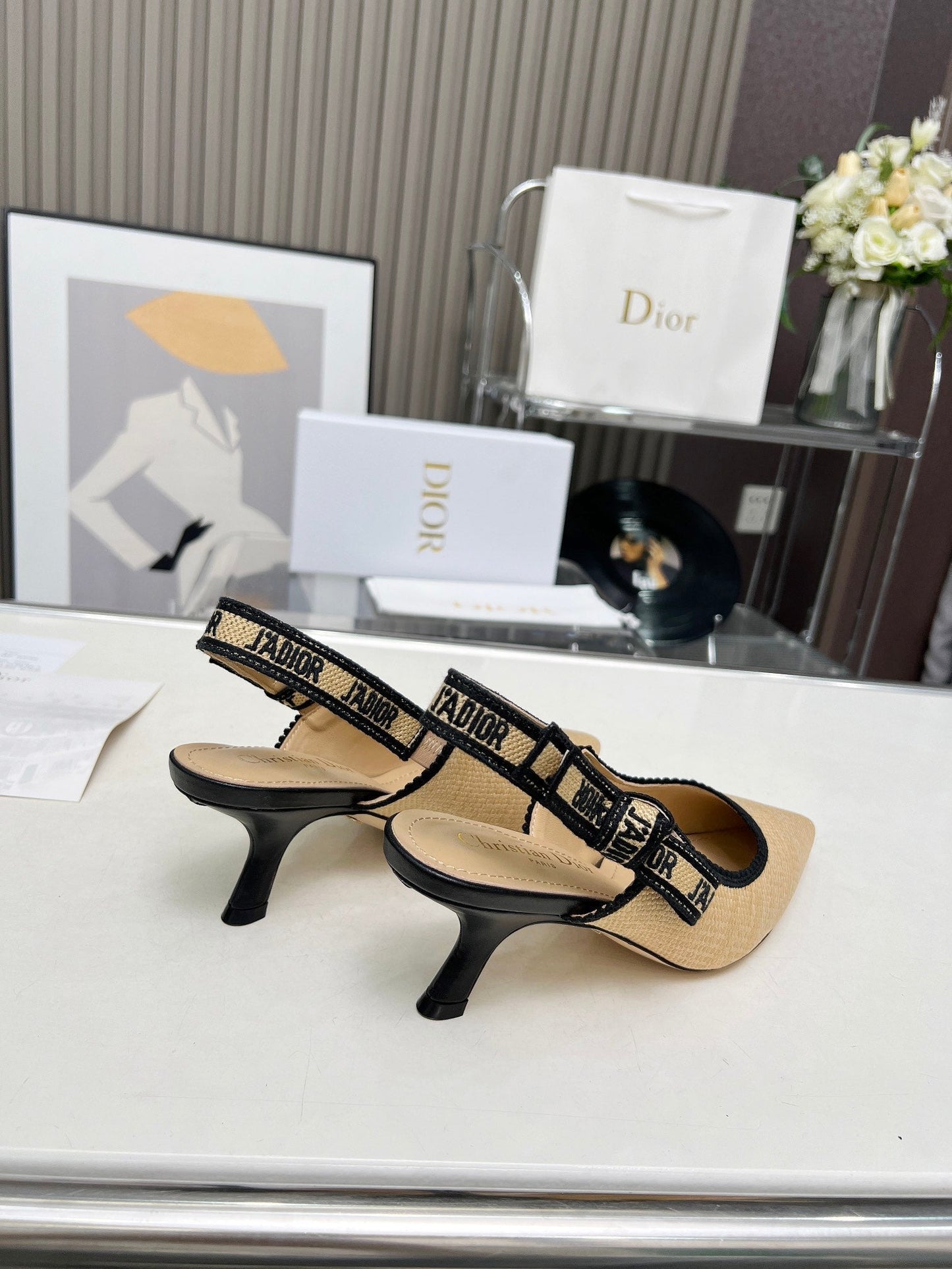 J'ADIOR SLINGBACK PUMP NATURAL RAFFIA AND BLACK EMBROIDERED COTTON 65 MM - 34