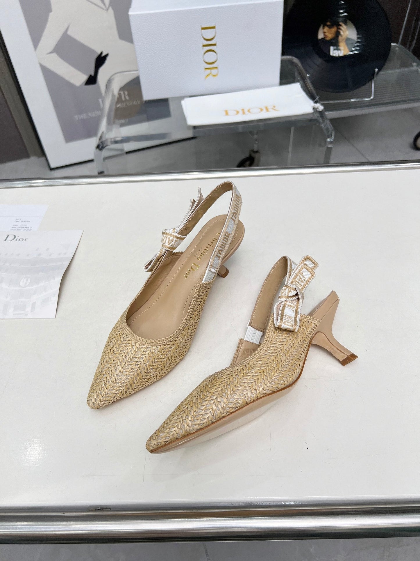 J'ADIOR SLINGBACK PUMP NATURAL RAFFIA AND BEIGE EMBROIDERED COTTON 65 MM - 34