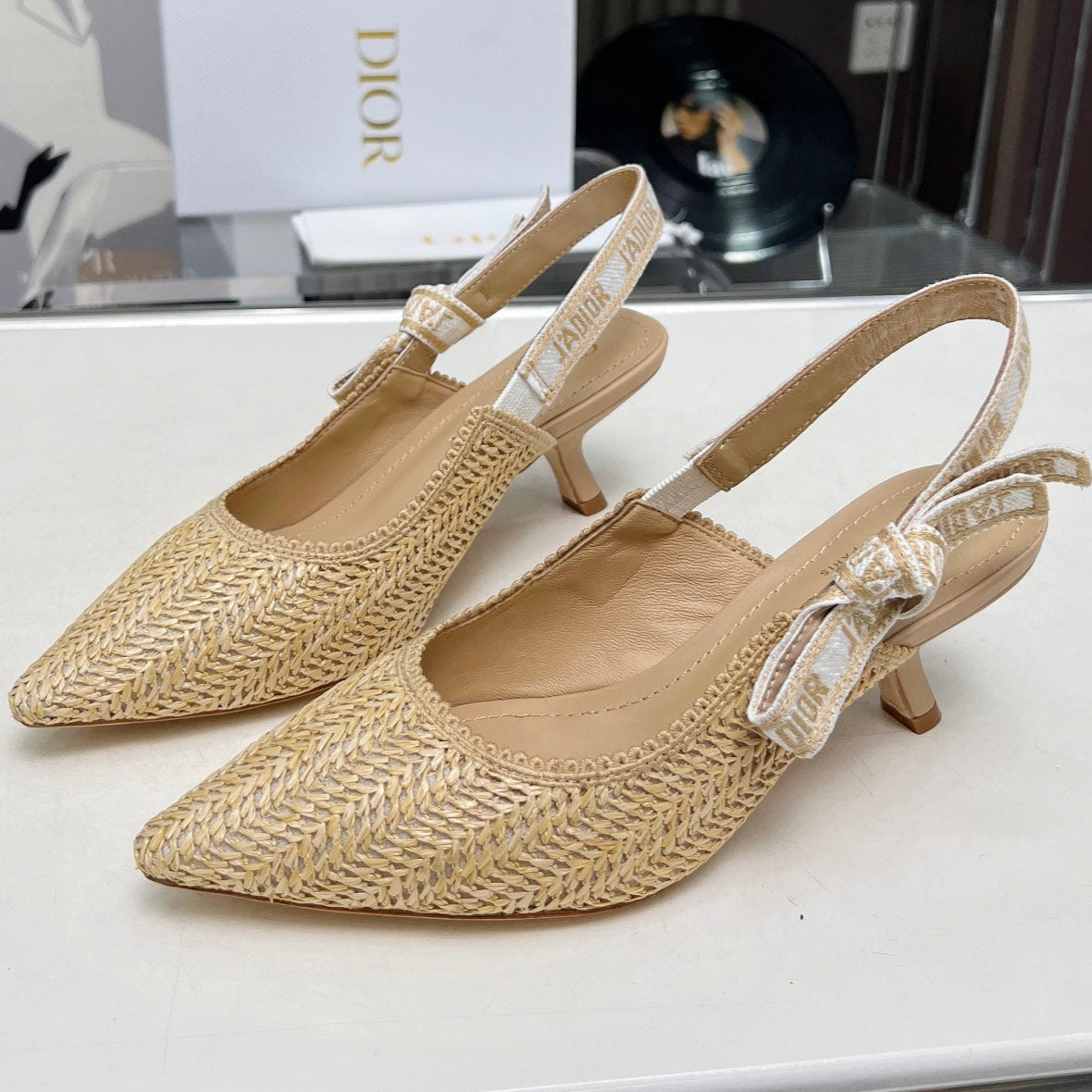 J'ADIOR SLINGBACK PUMP NATURAL RAFFIA AND BEIGE EMBROIDERED COTTON 65 MM - 34