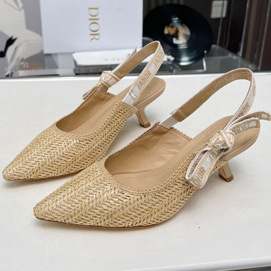 J'ADIOR SLINGBACK PUMP NATURAL RAFFIA AND BEIGE EMBROIDERED COTTON 65 MM - 34