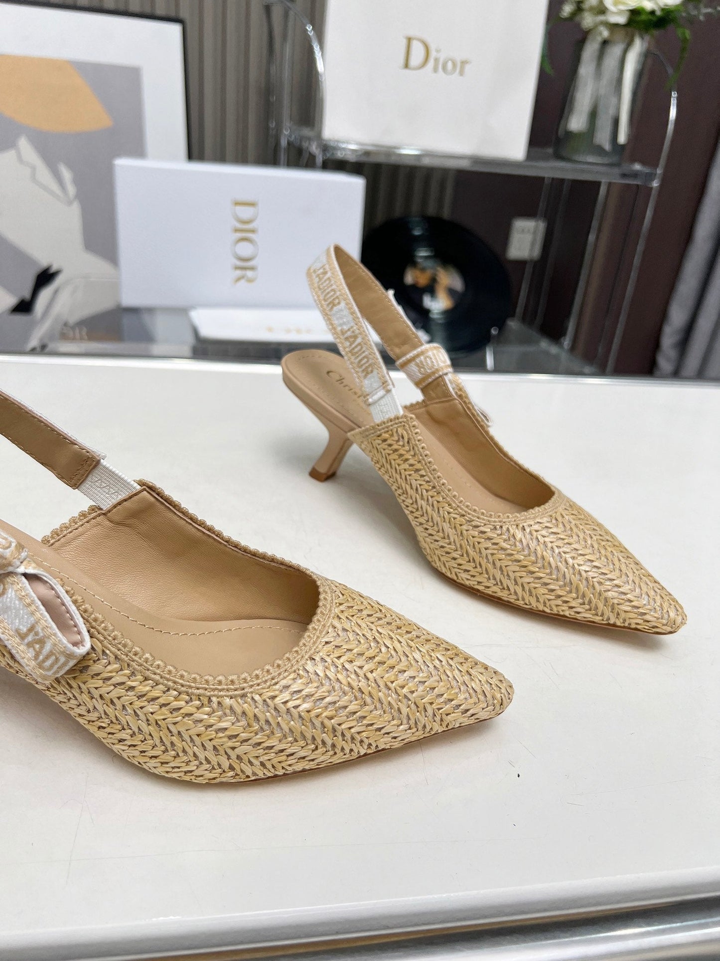 J'ADIOR SLINGBACK PUMP NATURAL RAFFIA AND BEIGE EMBROIDERED COTTON 65 MM - 34