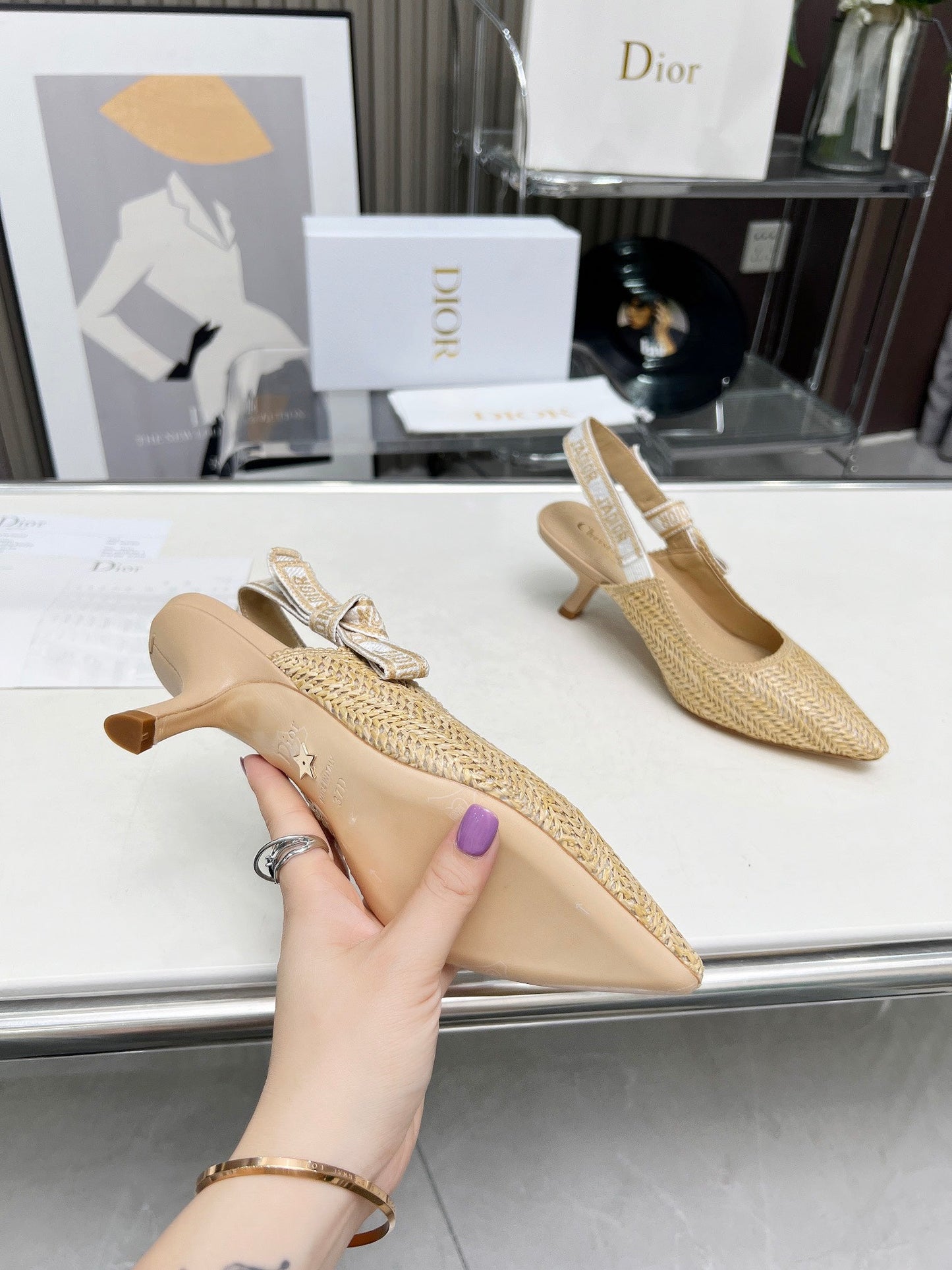 J'ADIOR SLINGBACK PUMP NATURAL RAFFIA AND BEIGE EMBROIDERED COTTON 65 MM - 34