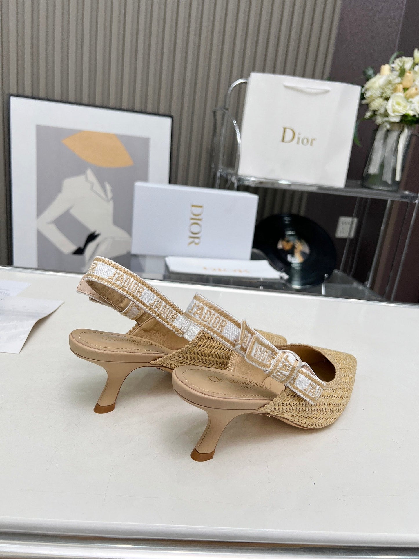 J'ADIOR SLINGBACK PUMP NATURAL RAFFIA AND BEIGE EMBROIDERED COTTON 65 MM - 34