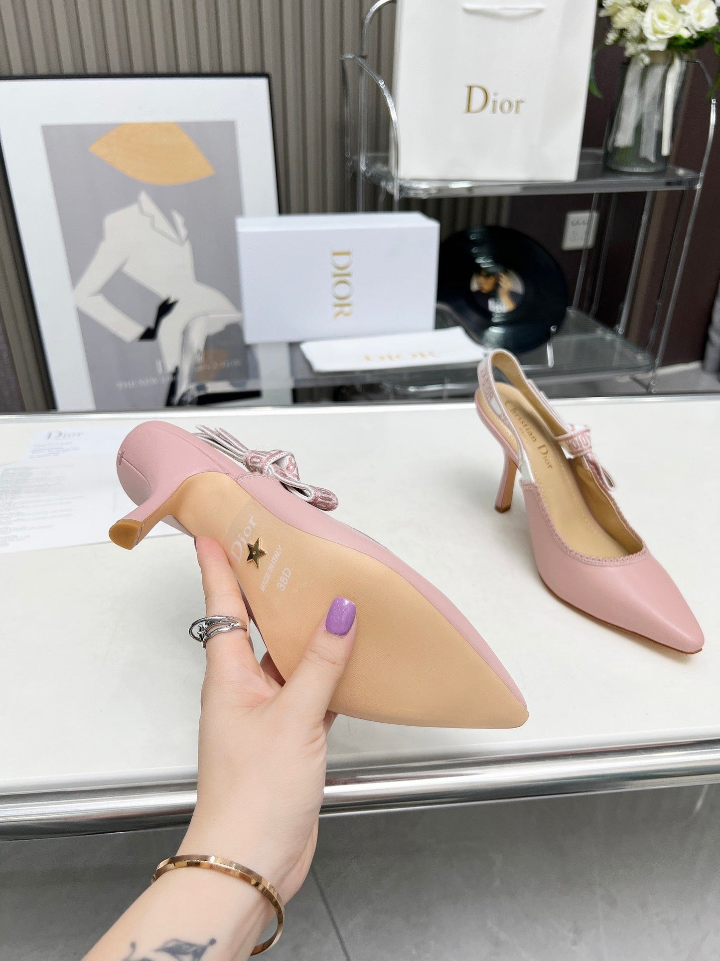 J'ADIOR SLINGBACK PUMP LIGHT PINK CALFSKIN AND EMBROIDERED FABRIC 10 CM - 34