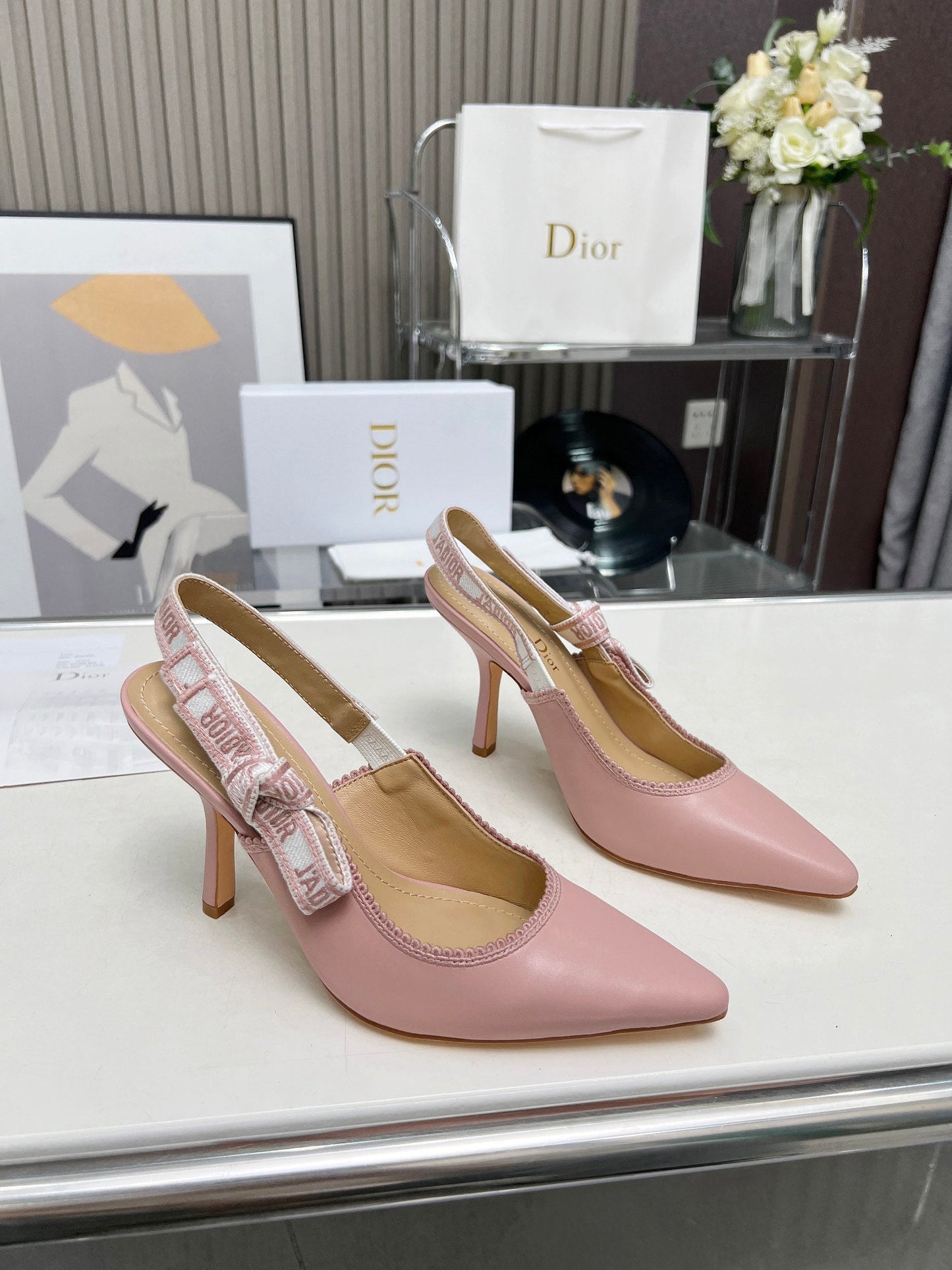 J'ADIOR SLINGBACK PUMP LIGHT PINK CALFSKIN AND EMBROIDERED FABRIC 10 CM - 34