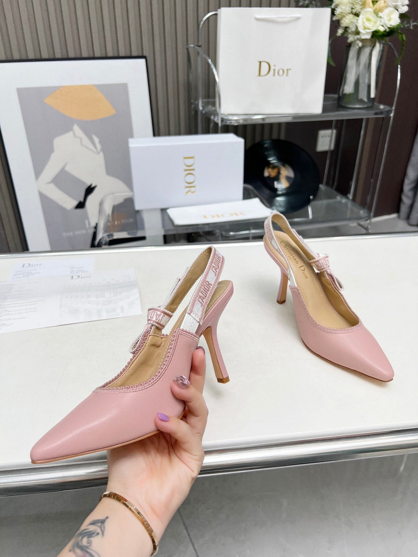 J'ADIOR SLINGBACK PUMP LIGHT PINK CALFSKIN AND EMBROIDERED FABRIC 10 CM - 34