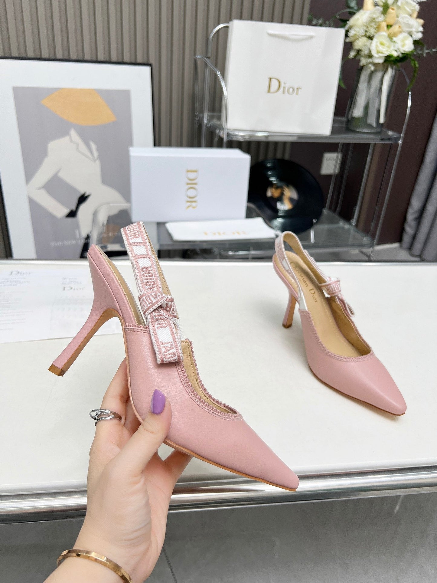 J'ADIOR SLINGBACK PUMP LIGHT PINK CALFSKIN AND EMBROIDERED FABRIC 10 CM - 34