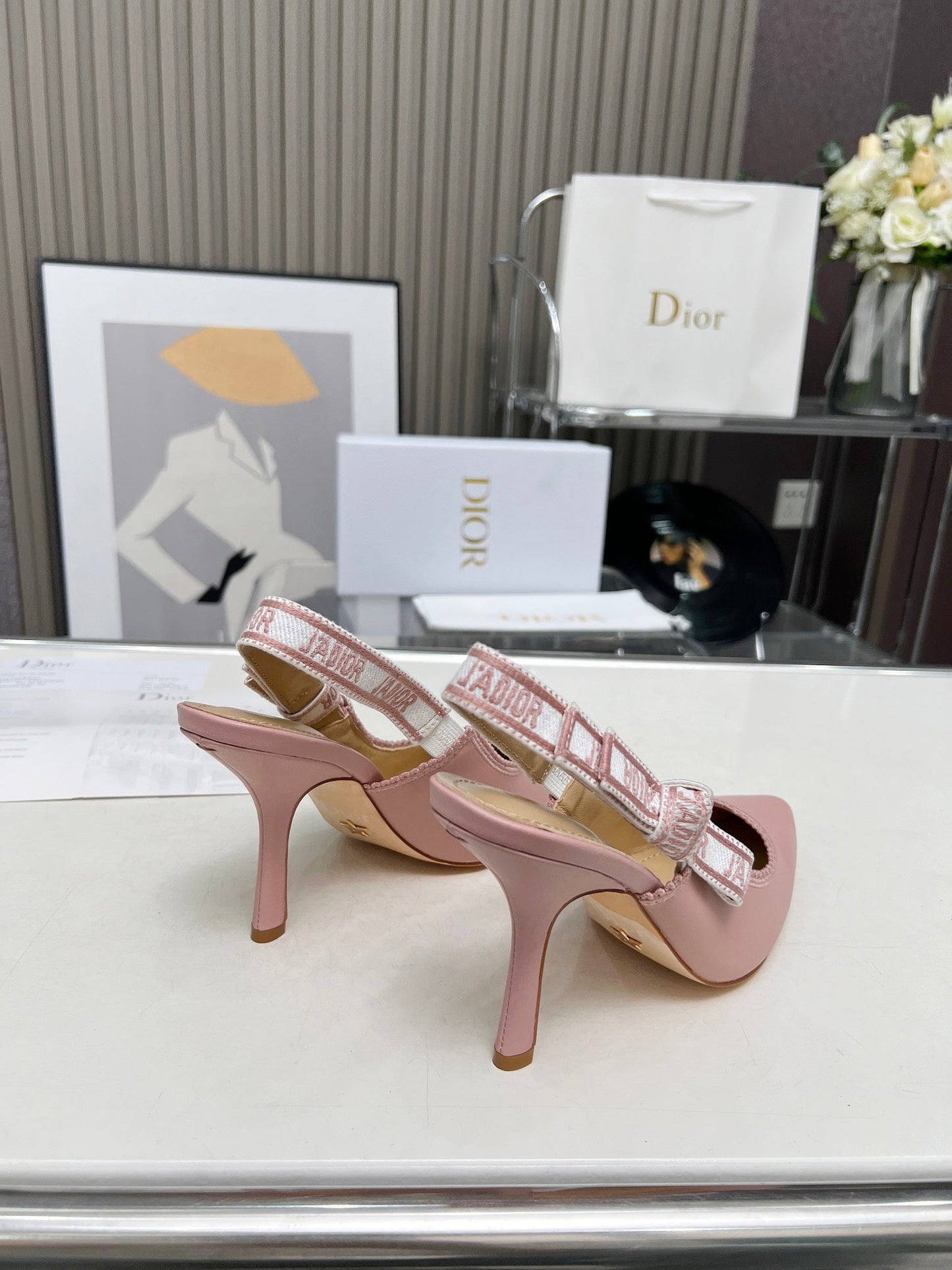 J'ADIOR SLINGBACK PUMP LIGHT PINK CALFSKIN AND EMBROIDERED FABRIC 10 CM - 34