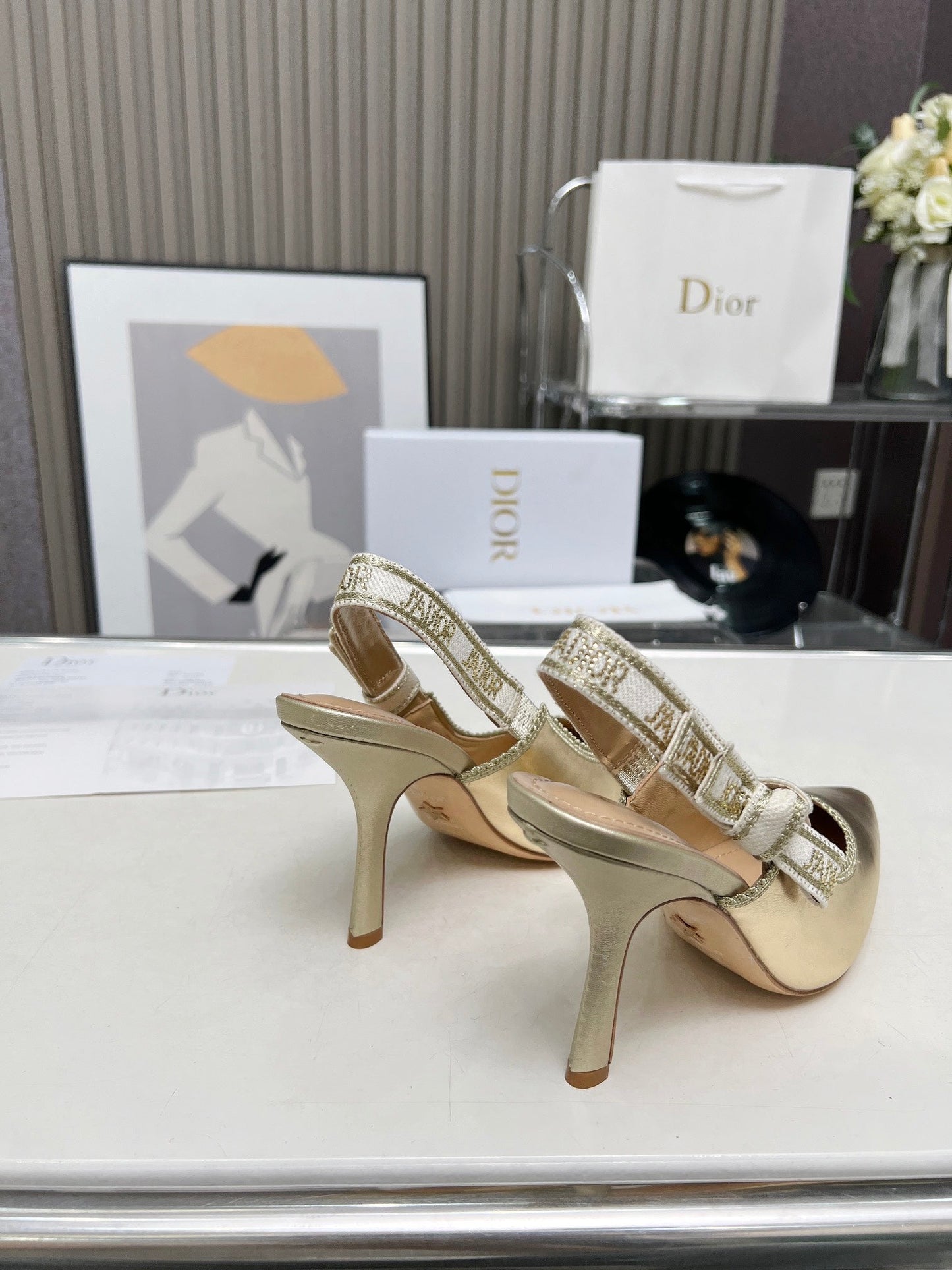 J'ADIOR SLINGBACK PUMP LIGHT GOLD CALFSKIN AND EMBROIDERED FABRIC 10 CM - 34