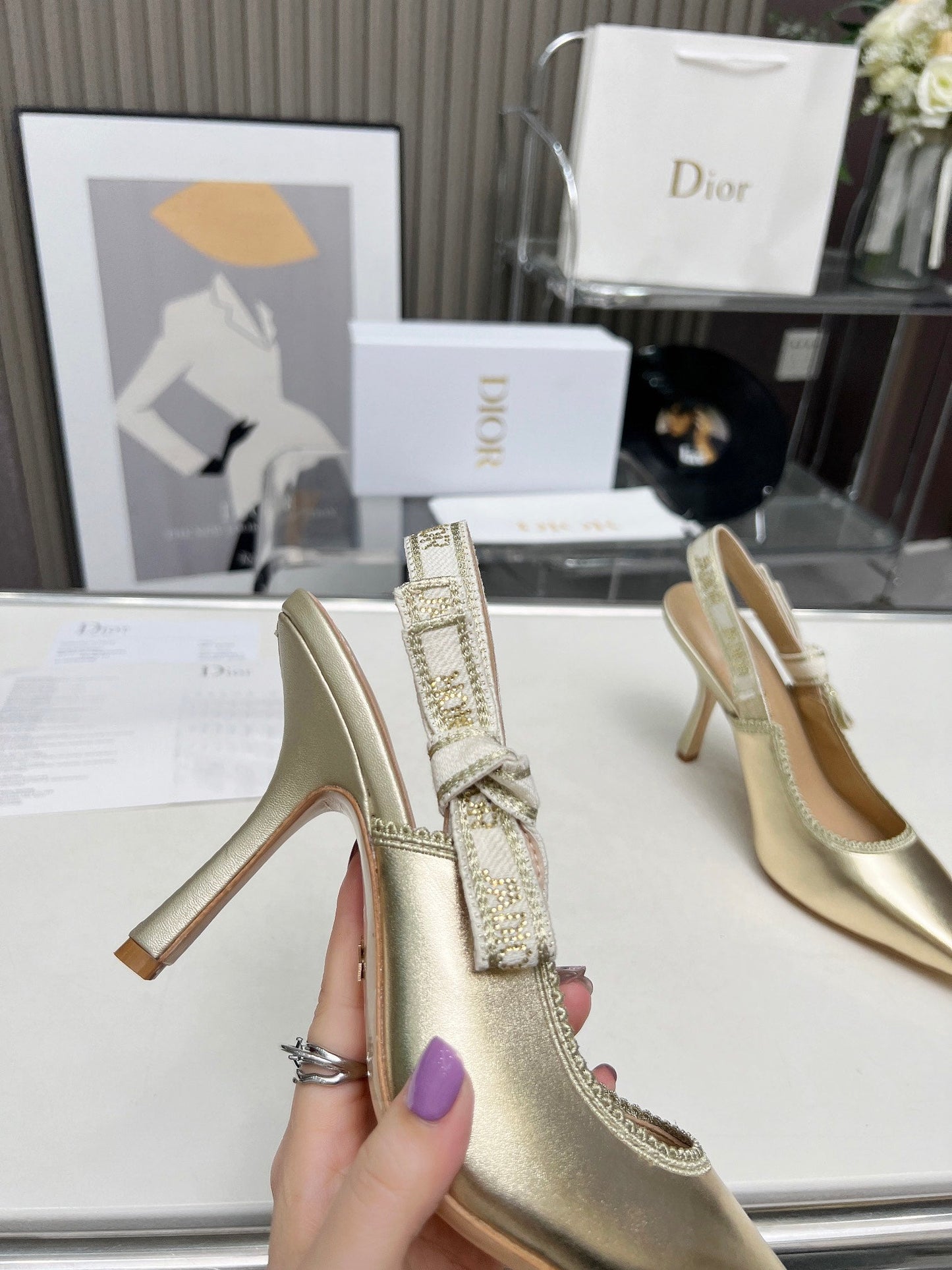 J'ADIOR SLINGBACK PUMP LIGHT GOLD CALFSKIN AND EMBROIDERED FABRIC 10 CM - 34