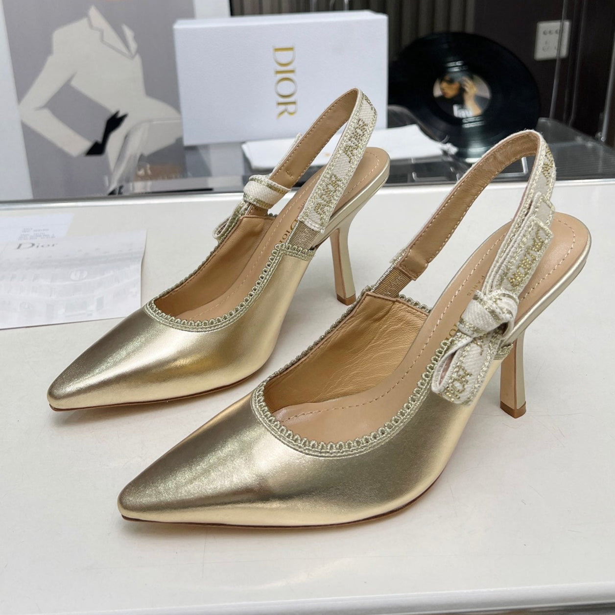 J'ADIOR SLINGBACK PUMP LIGHT GOLD CALFSKIN AND EMBROIDERED FABRIC 10 CM - 34