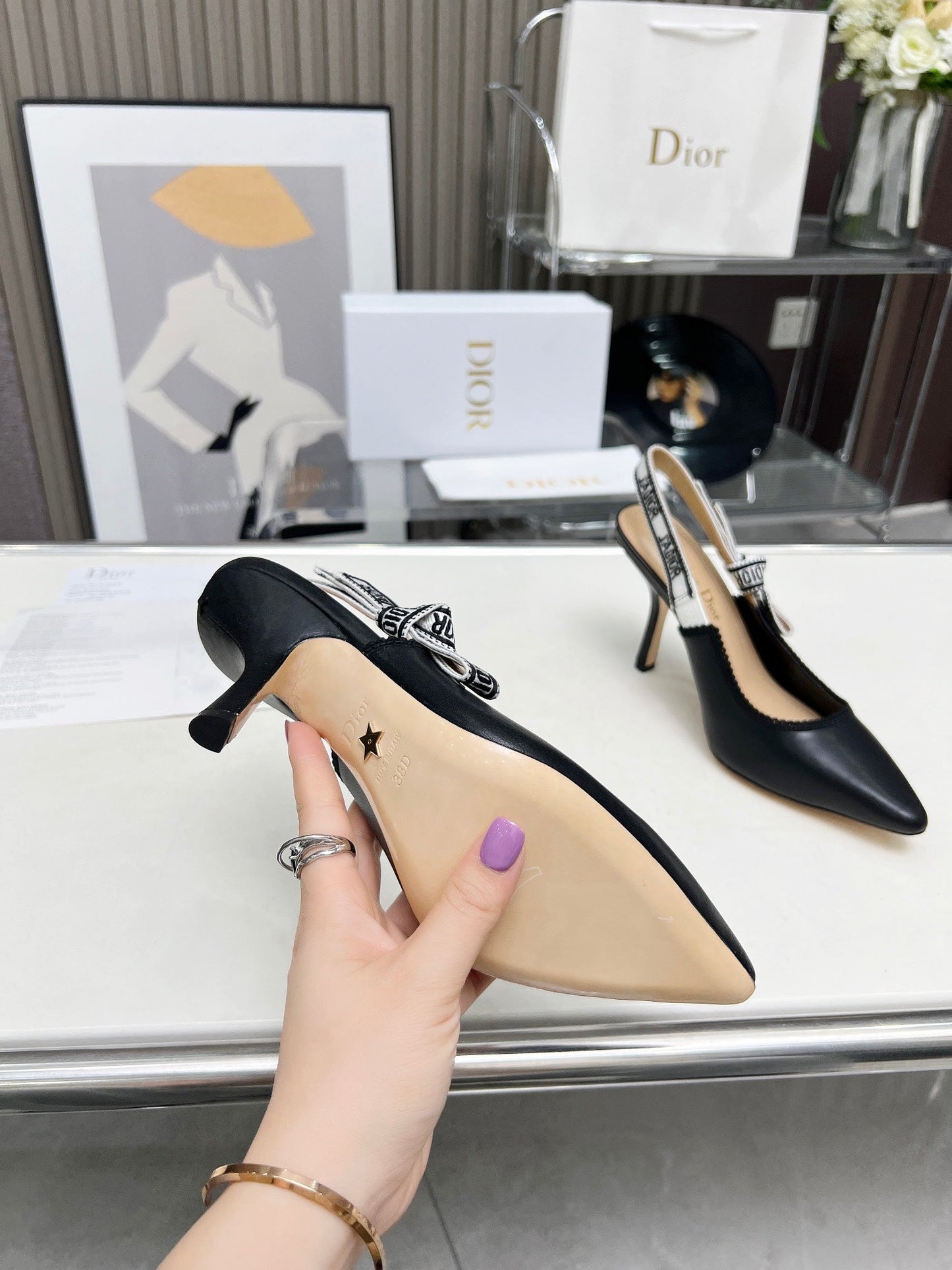 J'ADIOR SLINGBACK PUMP BLACK CALFSKIN AND BLACK EMBROIDERED FABRIC 10 CM - 34