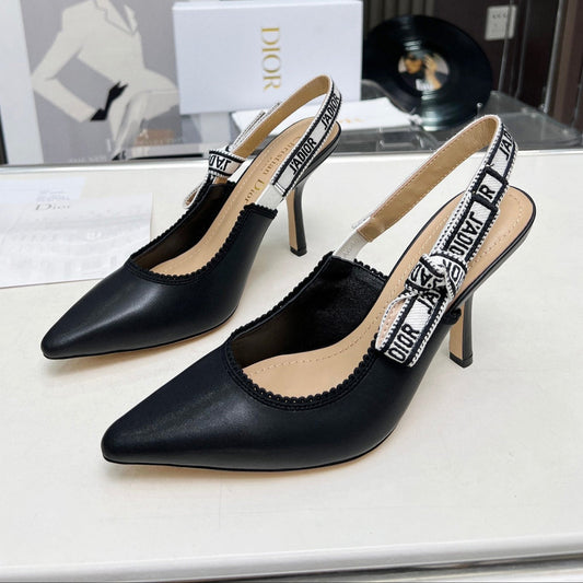 J'ADIOR SLINGBACK PUMP BLACK CALFSKIN AND BLACK EMBROIDERED FABRIC 10 CM - 34