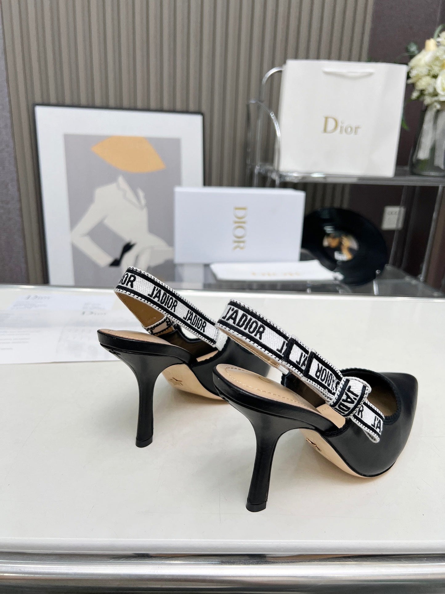J'ADIOR SLINGBACK PUMP BLACK CALFSKIN AND BLACK EMBROIDERED FABRIC 10 CM - 34