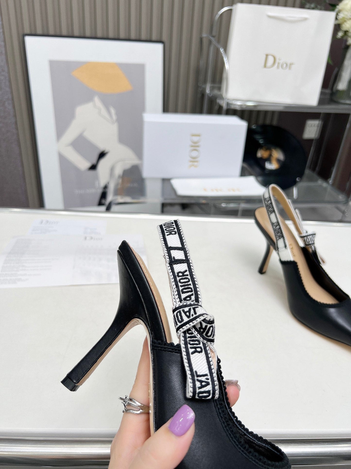 J'ADIOR SLINGBACK PUMP BLACK CALFSKIN AND BLACK EMBROIDERED FABRIC 10 CM - 34