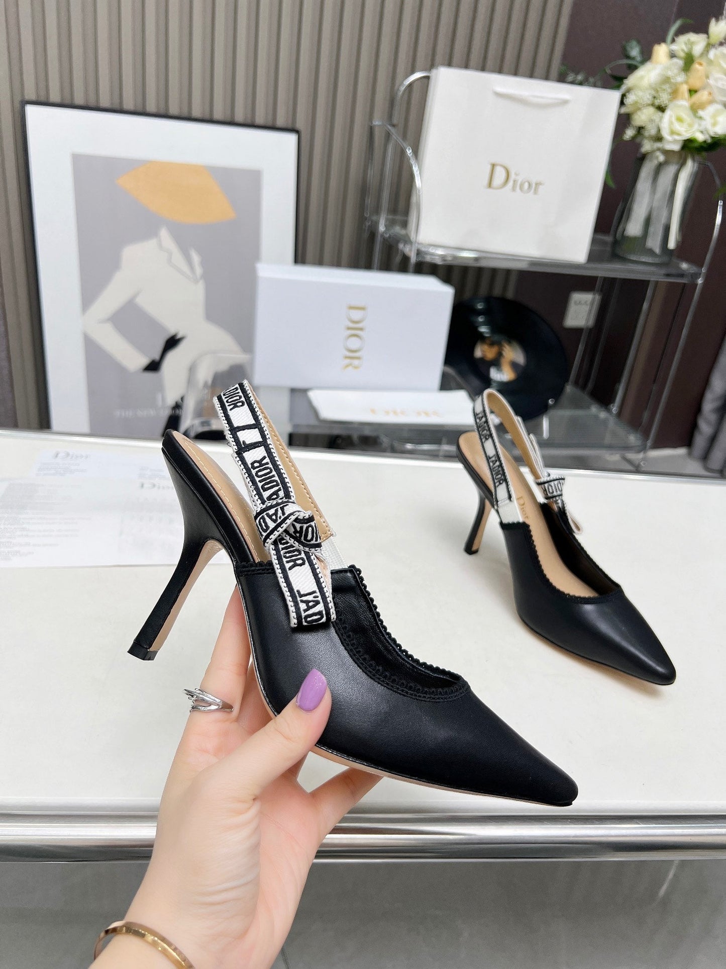 J'ADIOR SLINGBACK PUMP BLACK CALFSKIN AND BLACK EMBROIDERED FABRIC 10 CM - 34