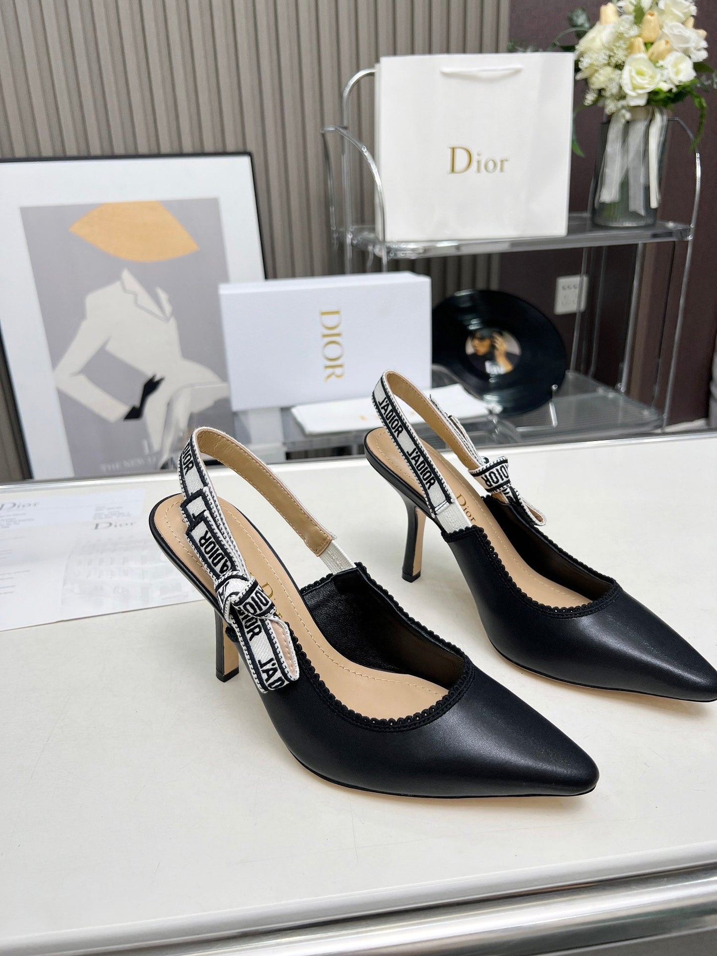 J'ADIOR SLINGBACK PUMP BLACK CALFSKIN AND BLACK EMBROIDERED FABRIC 10 CM - 34