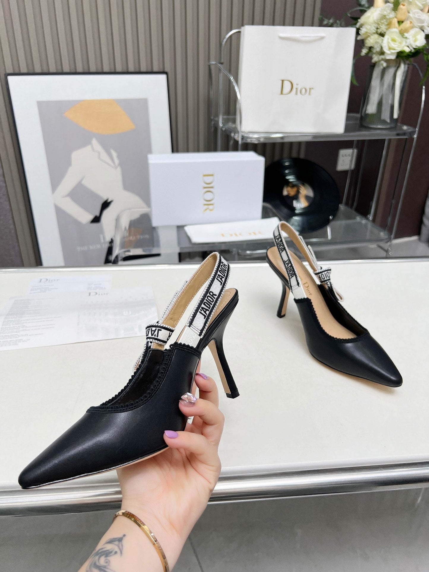 J'ADIOR SLINGBACK PUMP BLACK CALFSKIN AND BLACK EMBROIDERED FABRIC 10 CM - 34