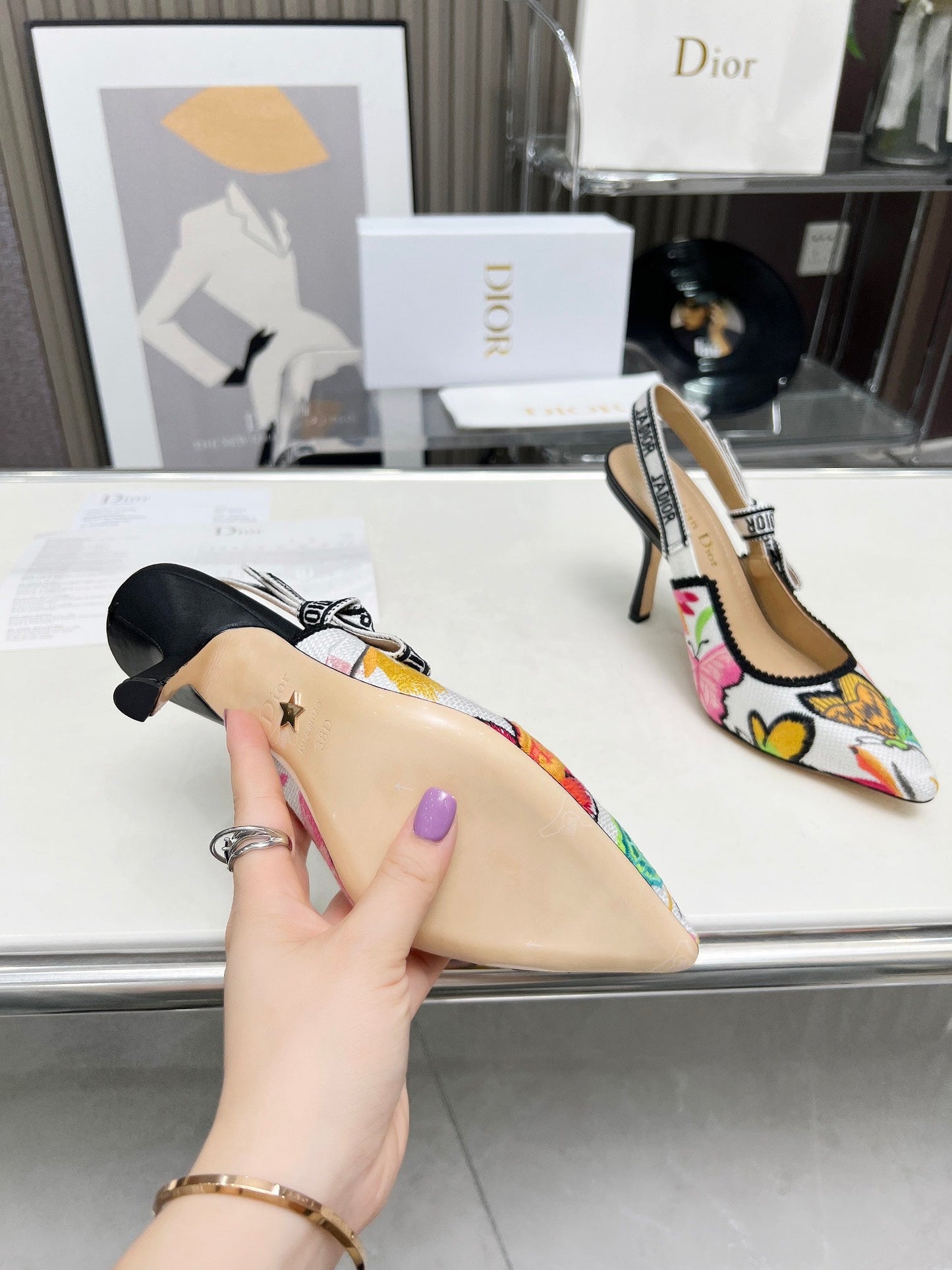 J'ADIOR SLINGBACK PUMP COLORFUL NATURAL RAFFIA AND EMBROIDERED COTTON 10 CM 130857 - 34