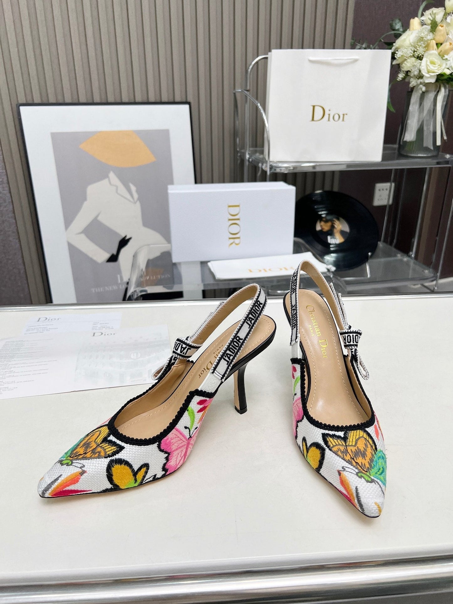 J'ADIOR SLINGBACK PUMP COLORFUL NATURAL RAFFIA AND EMBROIDERED COTTON 10 CM 130857 - 34