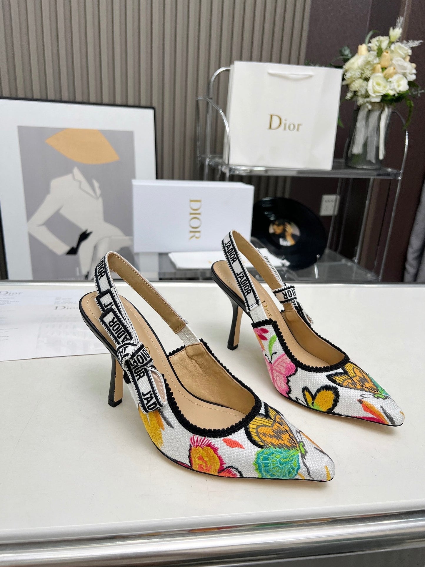 J'ADIOR SLINGBACK PUMP COLORFUL NATURAL RAFFIA AND EMBROIDERED COTTON 10 CM 130857 - 34