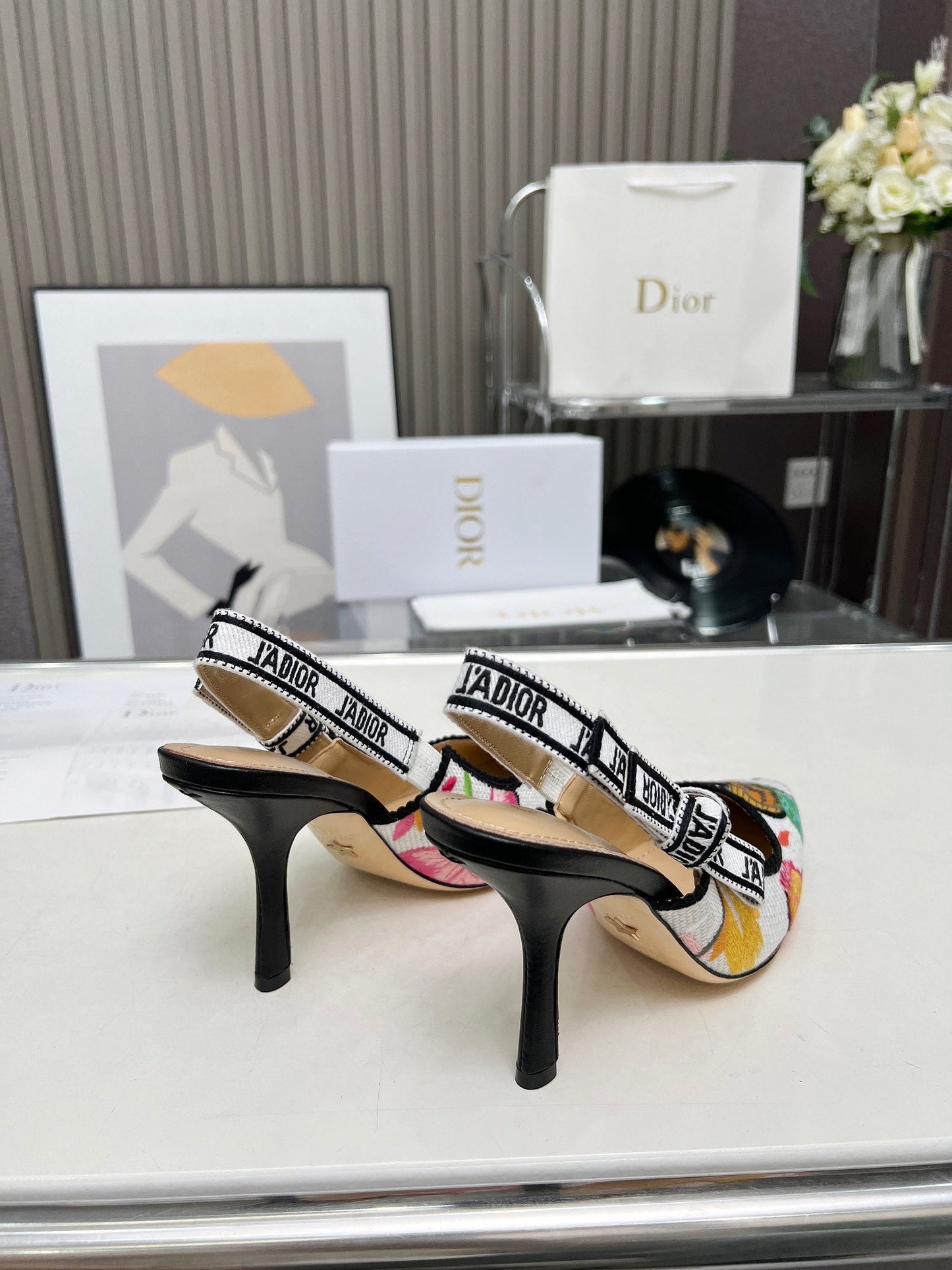 J'ADIOR SLINGBACK PUMP COLORFUL NATURAL RAFFIA AND EMBROIDERED COTTON 10 CM 130857 - 34