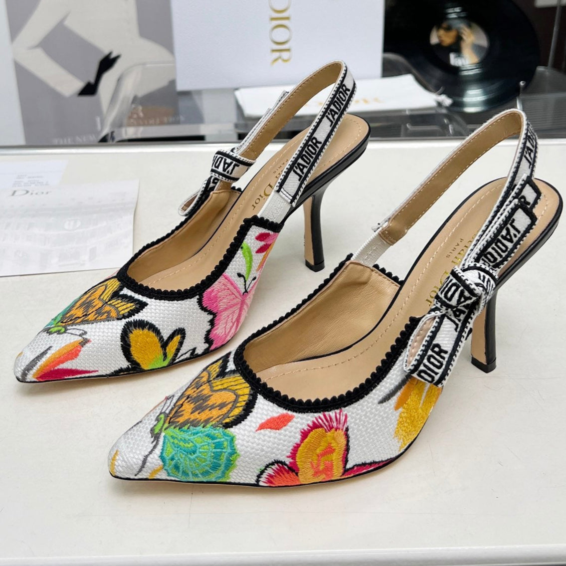 J'ADIOR SLINGBACK PUMP COLORFUL NATURAL RAFFIA AND EMBROIDERED COTTON 10 CM 130857 - 34