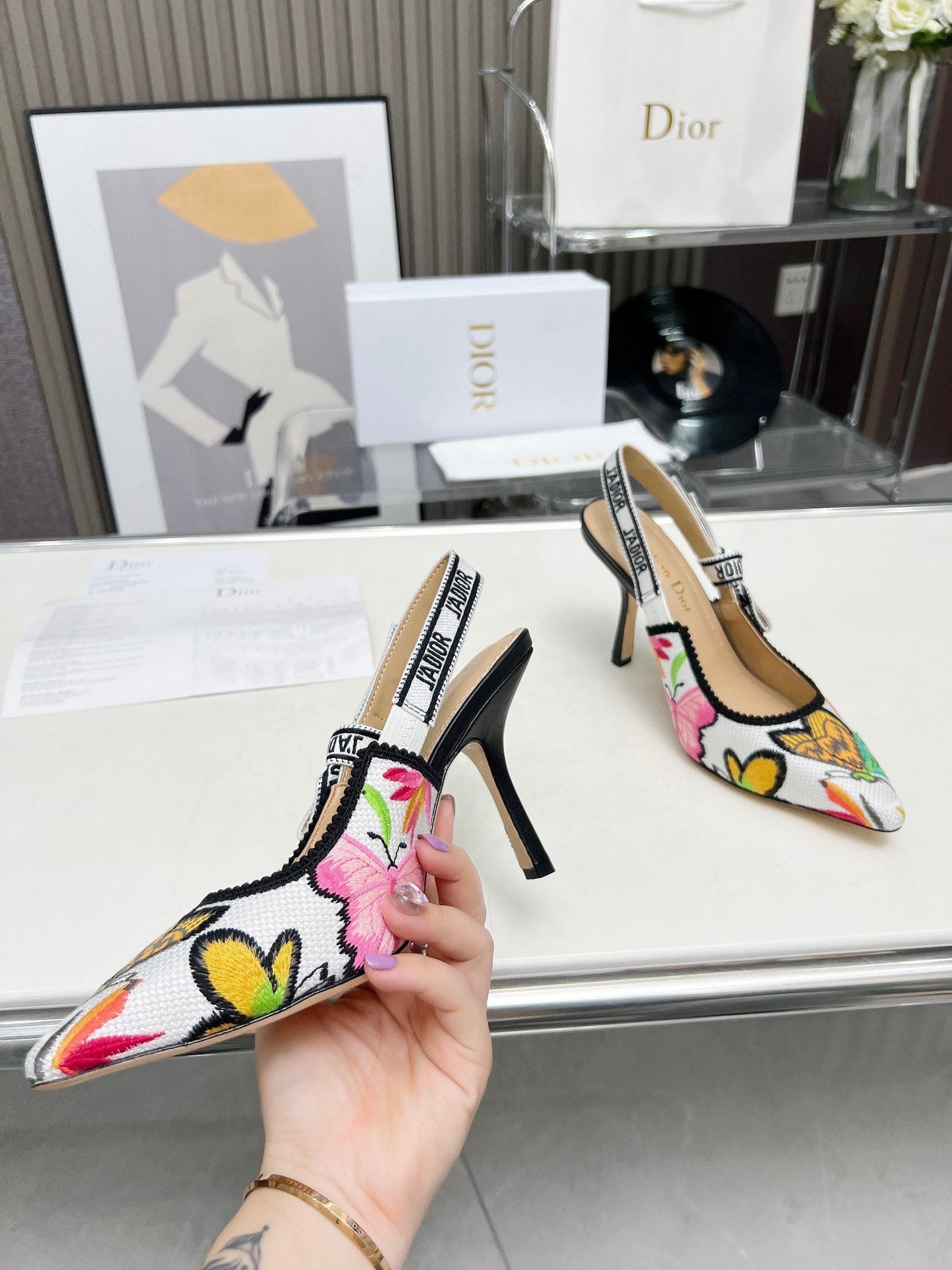 J'ADIOR SLINGBACK PUMP COLORFUL NATURAL RAFFIA AND EMBROIDERED COTTON 10 CM 130857 - 34