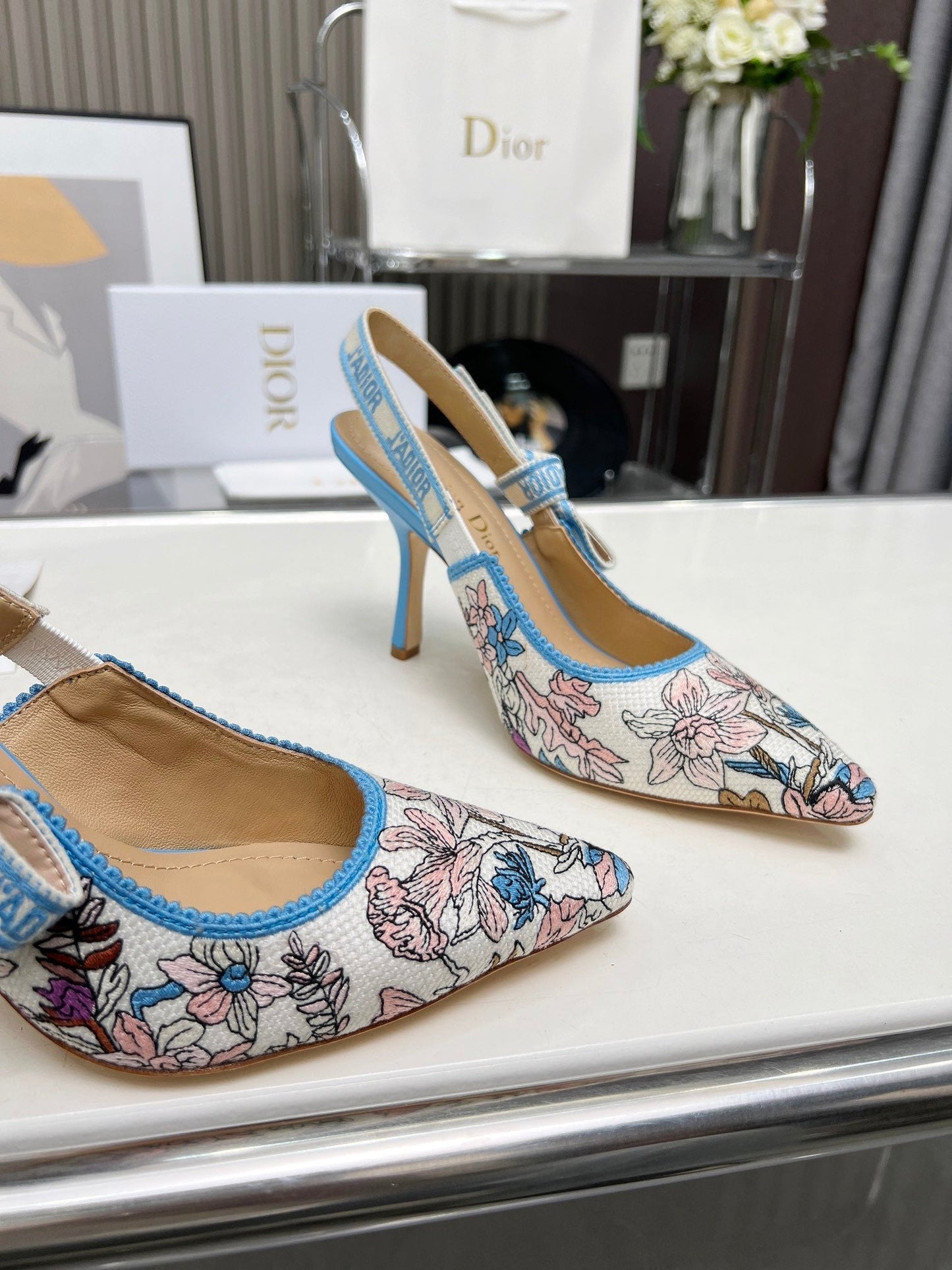 J'ADIOR SLINGBACK PUMP COLORFUL NATURAL RAFFIA AND EMBROIDERED COTTON 10 CM 130858 - 34