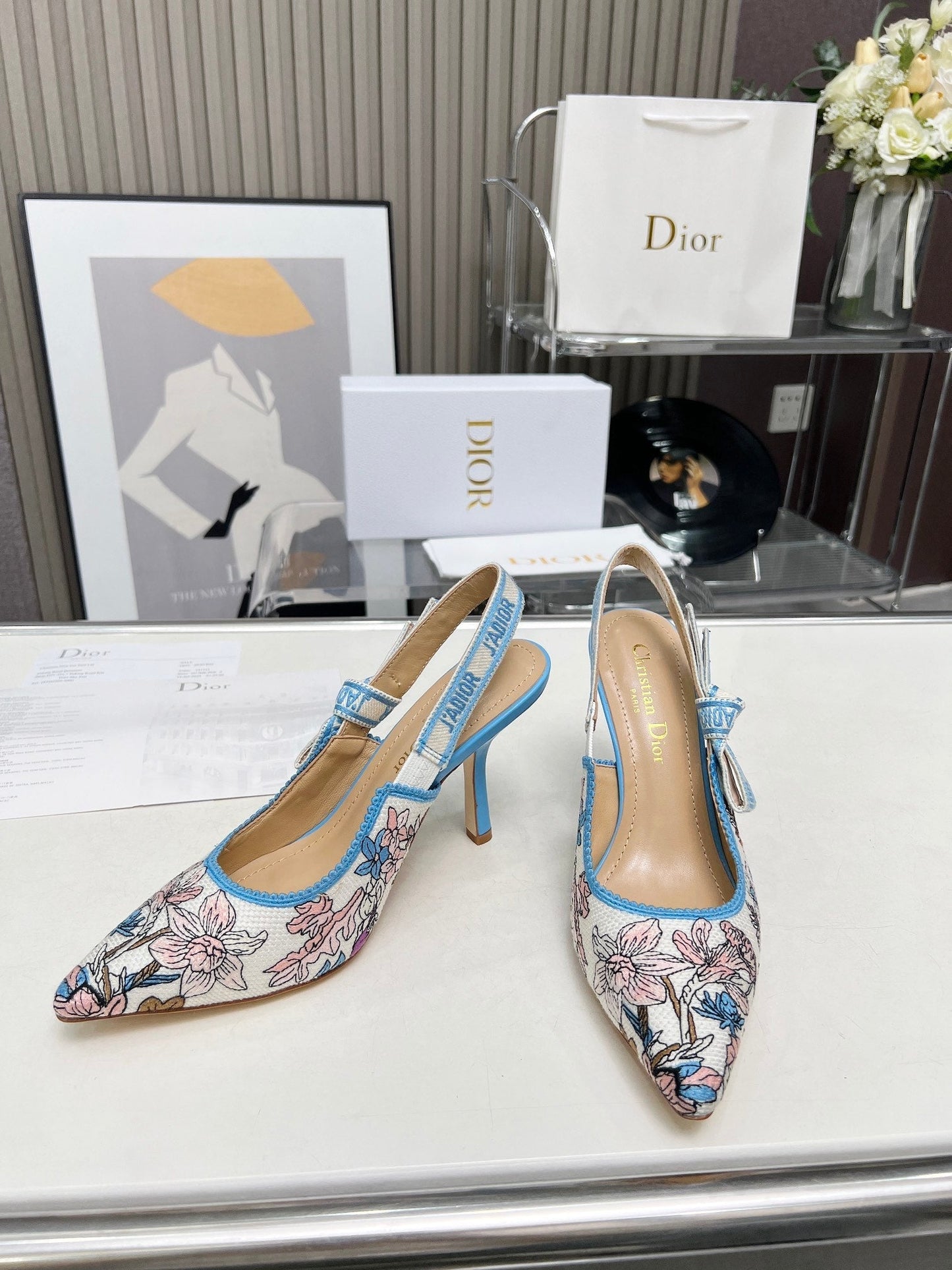 J'ADIOR SLINGBACK PUMP COLORFUL NATURAL RAFFIA AND EMBROIDERED COTTON 10 CM 130858 - 34