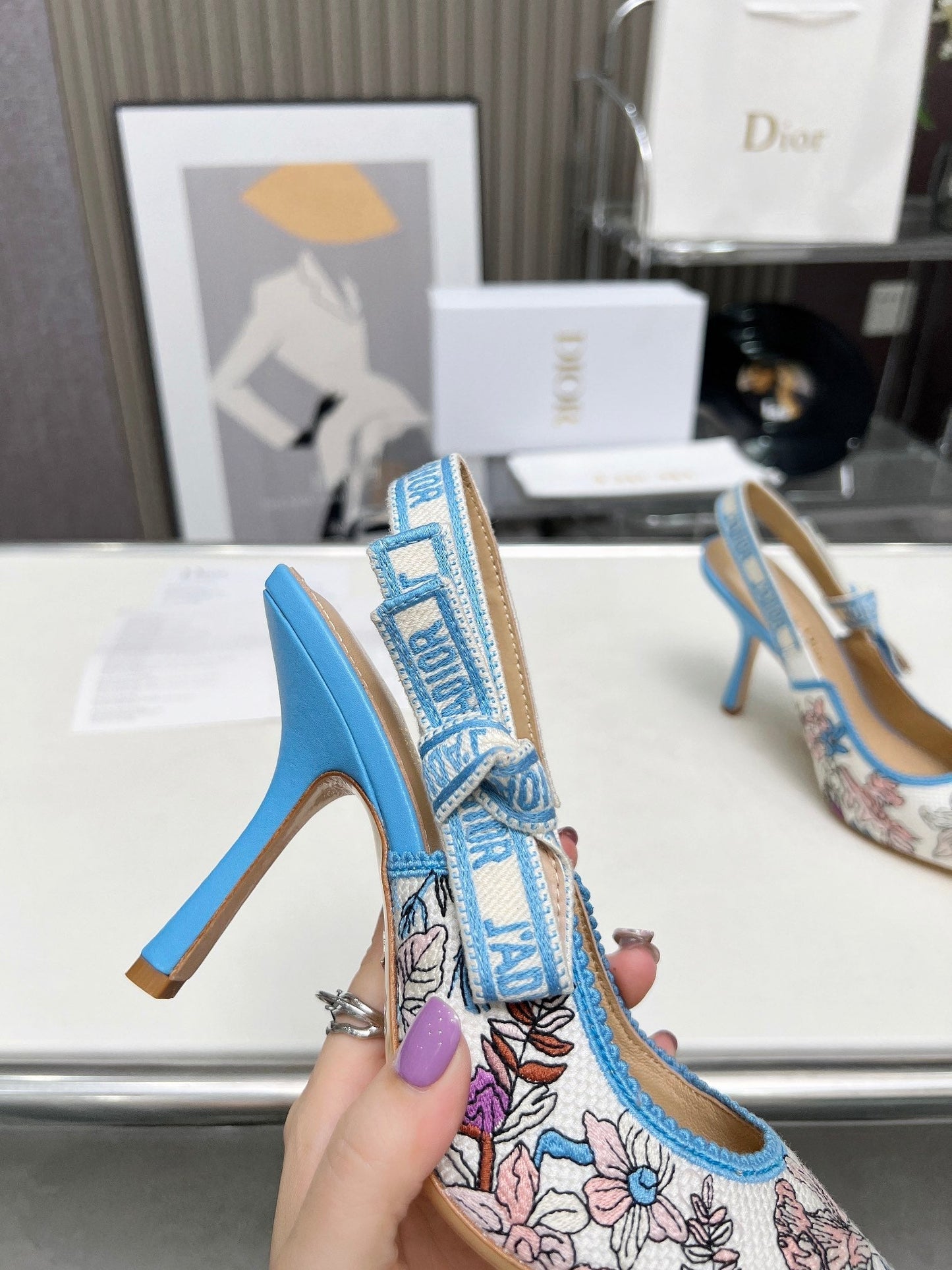 J'ADIOR SLINGBACK PUMP COLORFUL NATURAL RAFFIA AND EMBROIDERED COTTON 10 CM 130858 - 34