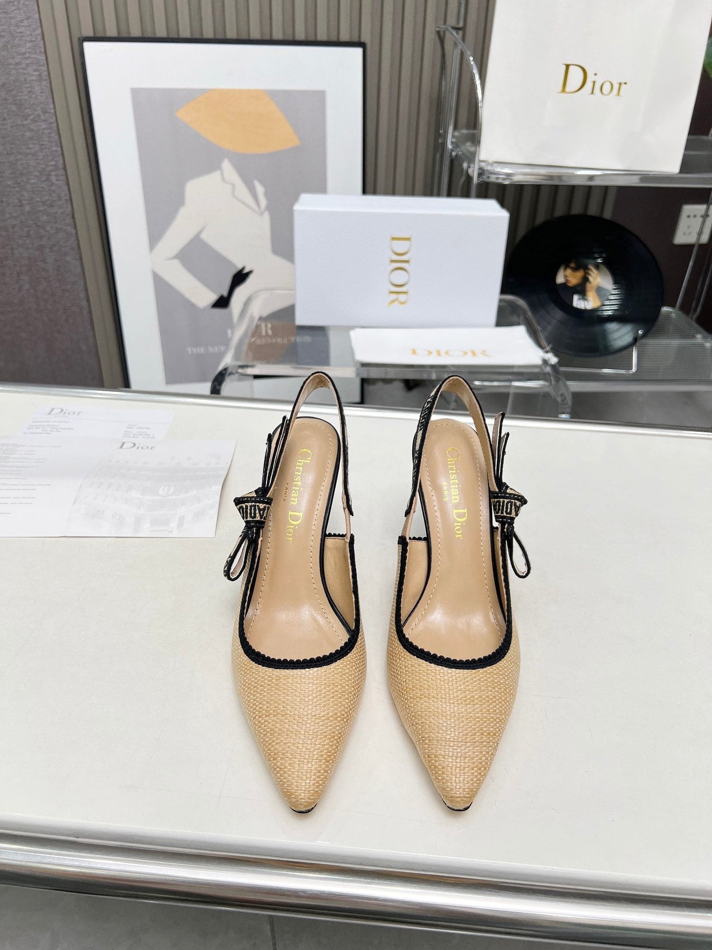 J'ADIOR SLINGBACK PUMP NATURAL RAFFIA AND BLACK EMBROIDERED COTTON 10 CM - 34