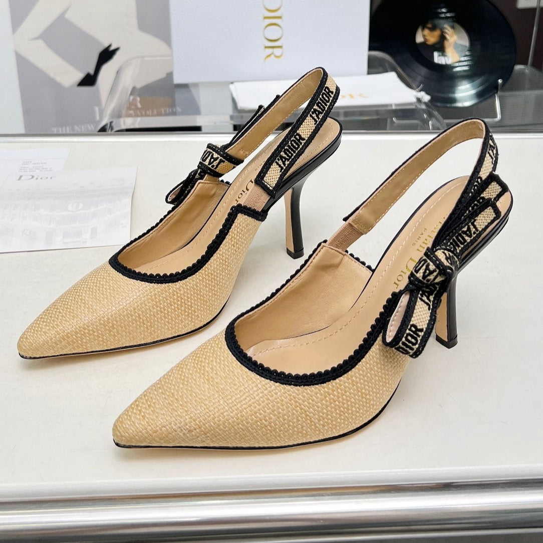 J'ADIOR SLINGBACK PUMP NATURAL RAFFIA AND BLACK EMBROIDERED COTTON 10 CM - 34