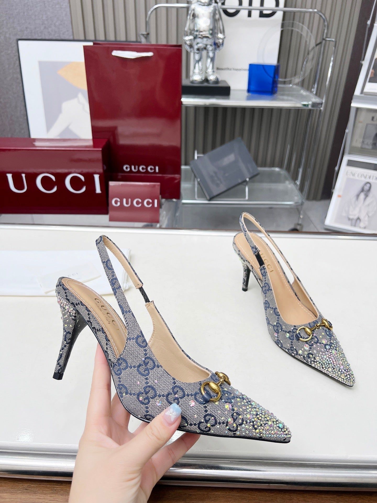 HORSEBIT SLINGBACKS IN DOVE GRAY MONOGRAM FABRIC WITH CRYSTALS - 35