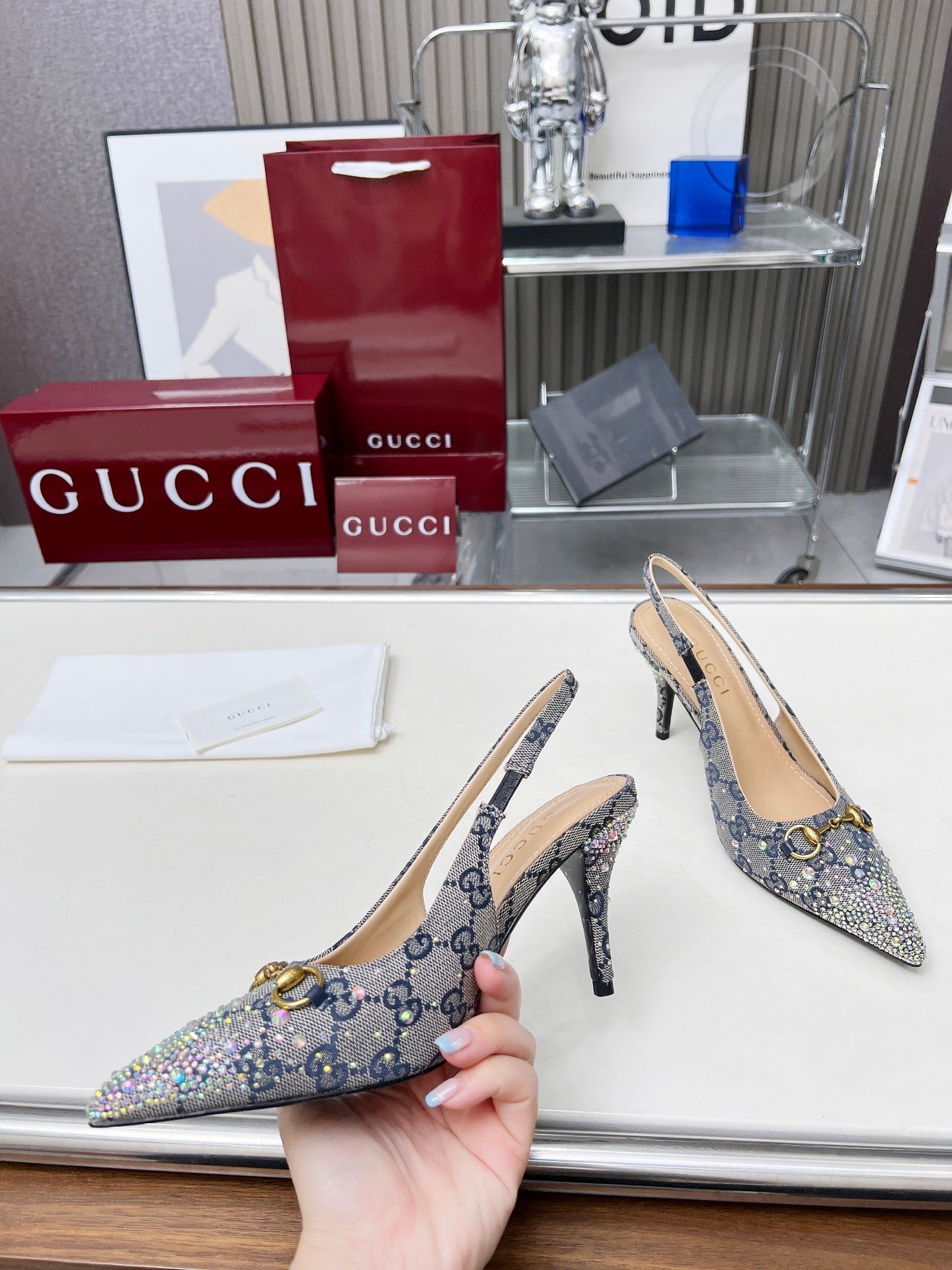 HORSEBIT SLINGBACKS IN DOVE GRAY MONOGRAM FABRIC WITH CRYSTALS - 35