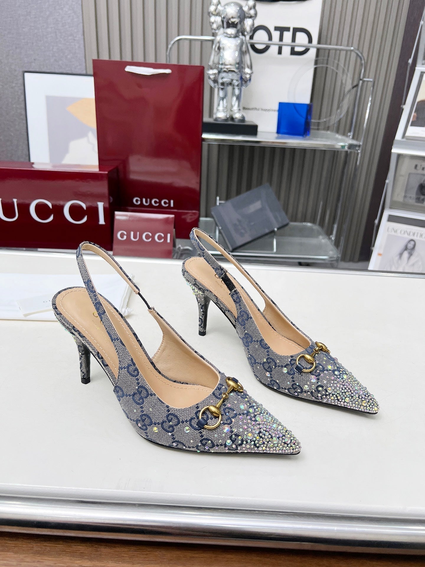 HORSEBIT SLINGBACKS IN DOVE GRAY MONOGRAM FABRIC WITH CRYSTALS - 35