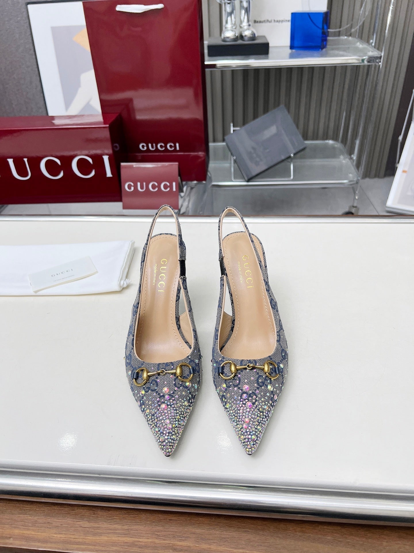 HORSEBIT SLINGBACKS IN DOVE GRAY MONOGRAM FABRIC WITH CRYSTALS - 35