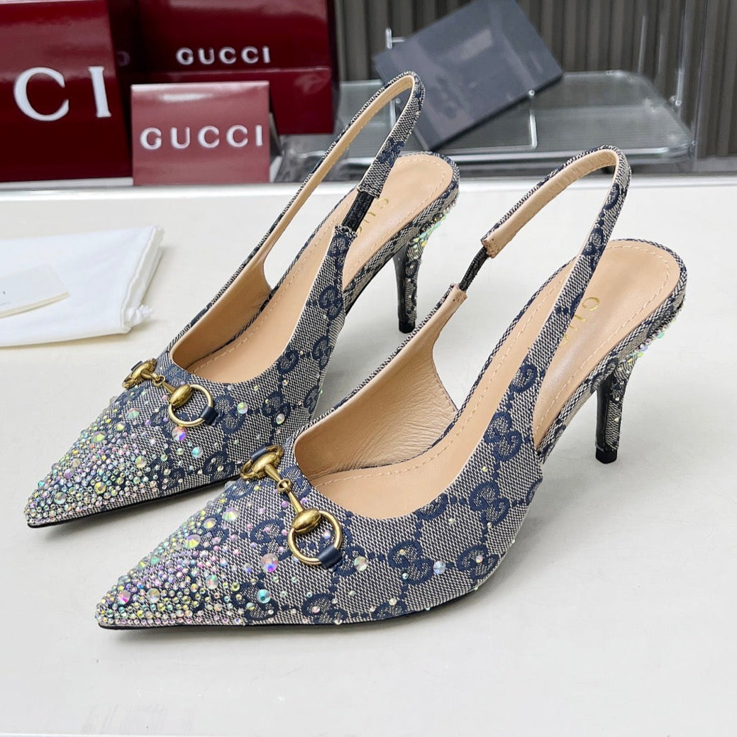 HORSEBIT SLINGBACKS IN DOVE GRAY MONOGRAM FABRIC WITH CRYSTALS - 35
