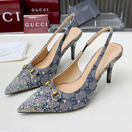HORSEBIT SLINGBACKS IN DOVE GRAY MONOGRAM FABRIC WITH CRYSTALS - 35