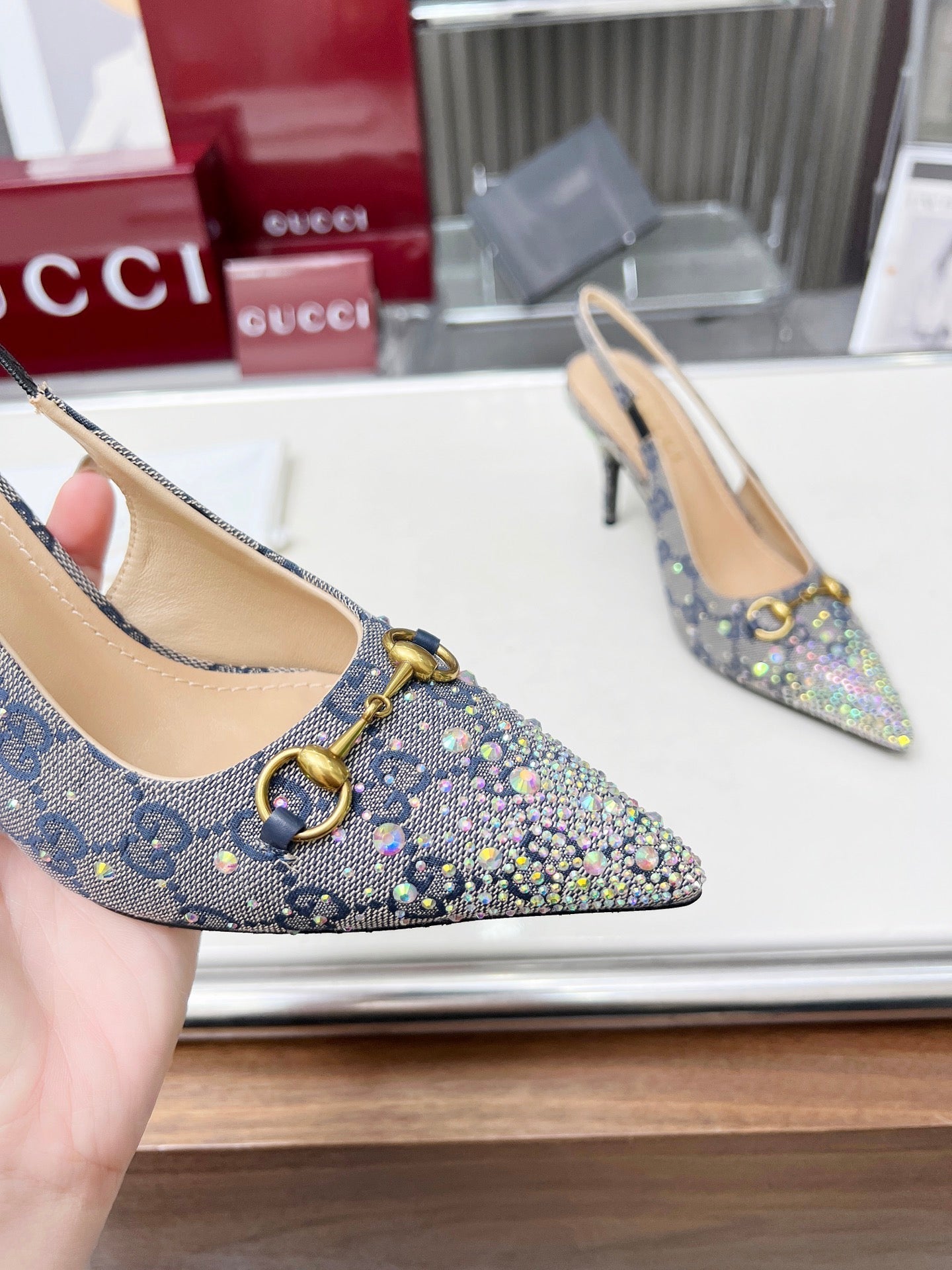 HORSEBIT SLINGBACKS IN DOVE GRAY MONOGRAM FABRIC WITH CRYSTALS - 35