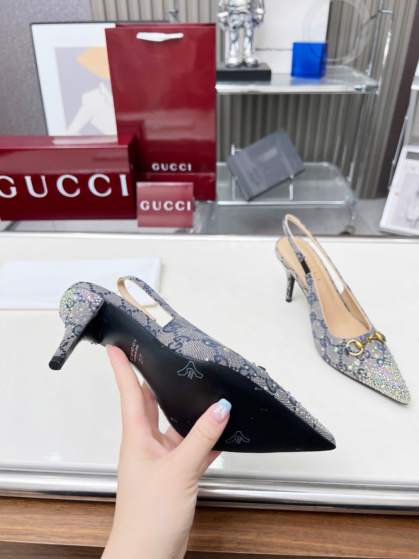 HORSEBIT SLINGBACKS IN DOVE GRAY MONOGRAM FABRIC WITH CRYSTALS - 35