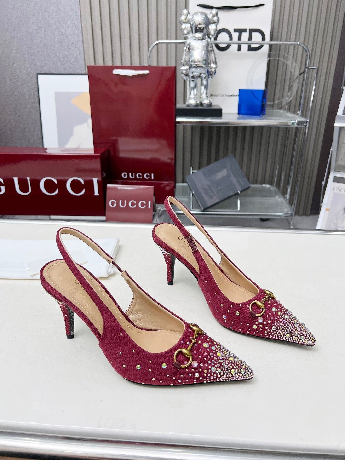 HORSEBIT SLINGBACKS IN CHERRY RED MONOGRAM FABRIC WITH CRYSTALS - 35