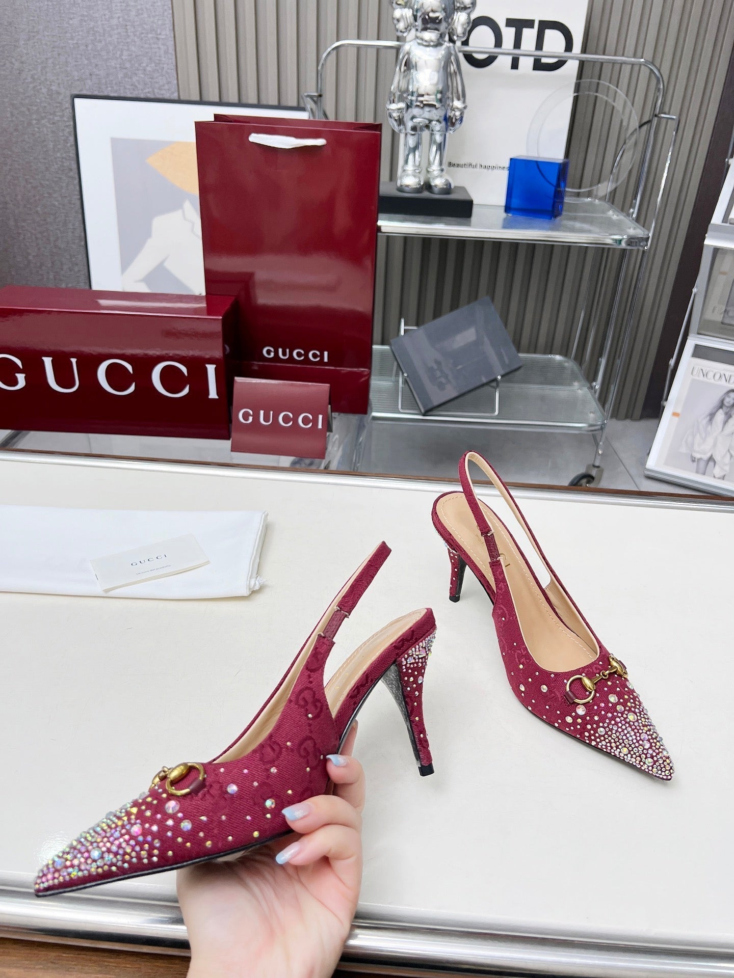 HORSEBIT SLINGBACKS IN CHERRY RED MONOGRAM FABRIC WITH CRYSTALS - 35