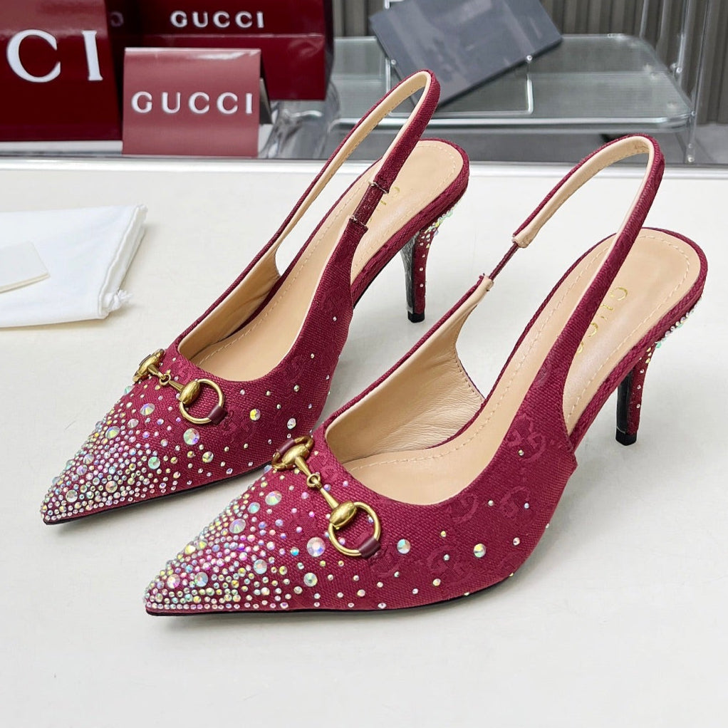 HORSEBIT SLINGBACKS IN CHERRY RED MONOGRAM FABRIC WITH CRYSTALS - 35