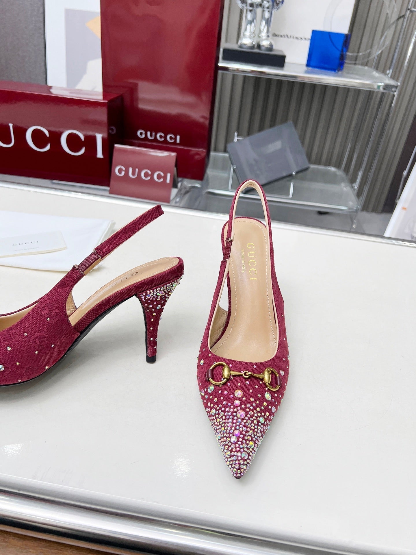 HORSEBIT SLINGBACKS IN CHERRY RED MONOGRAM FABRIC WITH CRYSTALS - 35