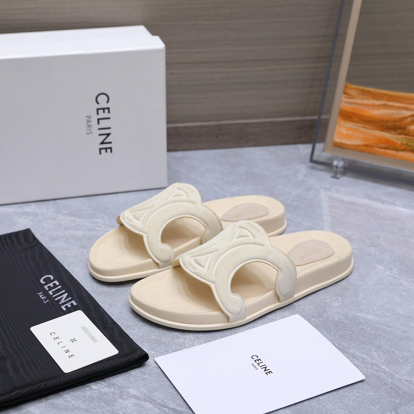 CELINE 26S TRIOMPHE SLIDES IN CREAM WHITE SUEDE