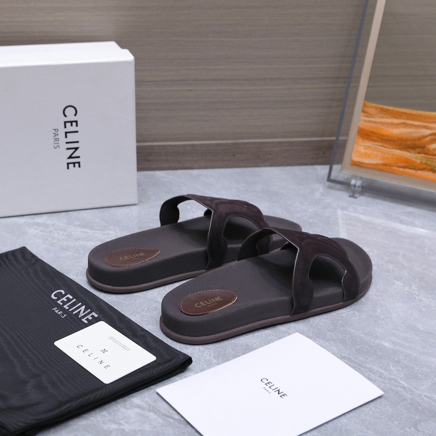 CELINE 26S TRIOMPHE SLIDES IN DARK BROWN SUEDE