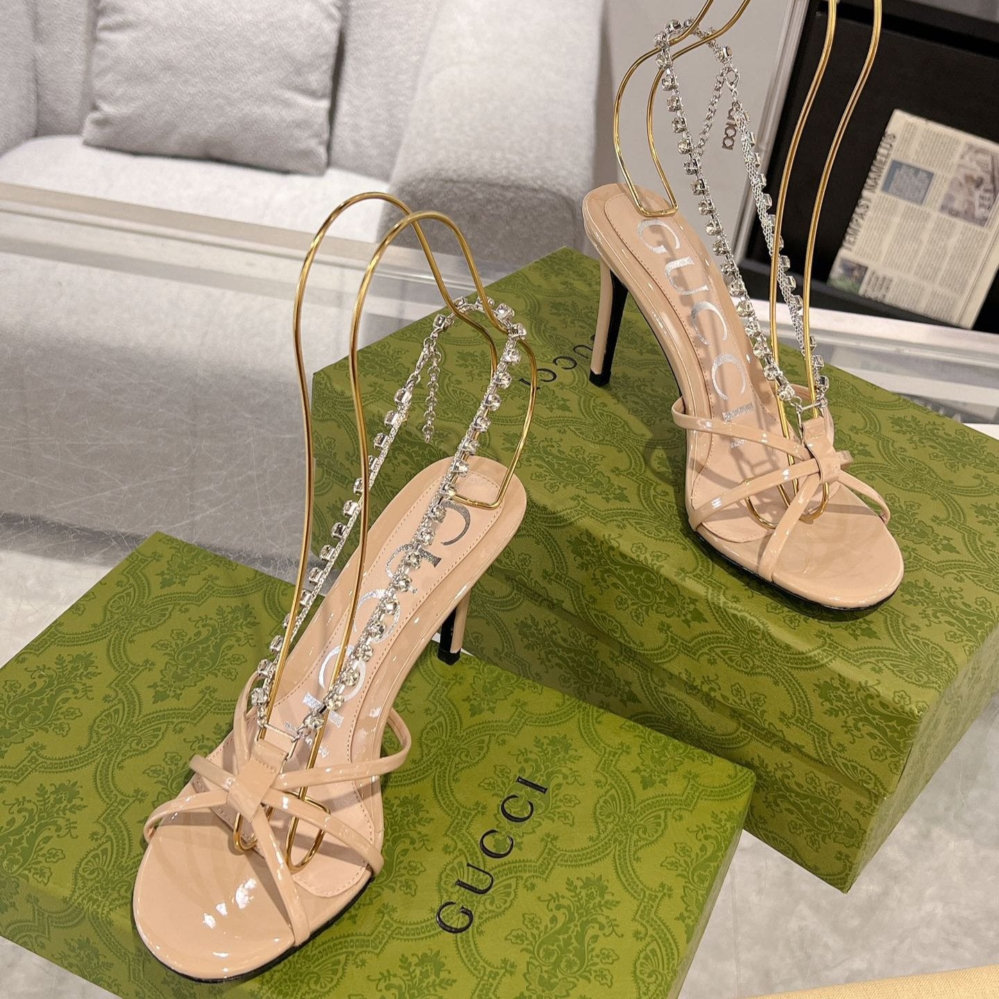 STRAPPY SANDAL WITH RHINESTONE CHAIN IN BEIGE PATENT LEATHER - 35