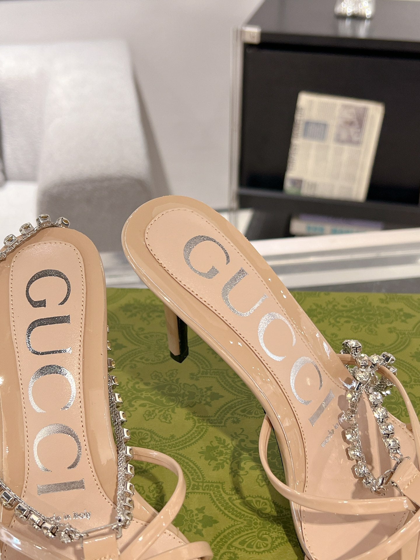STRAPPY SANDAL WITH RHINESTONE CHAIN IN BEIGE PATENT LEATHER - 35