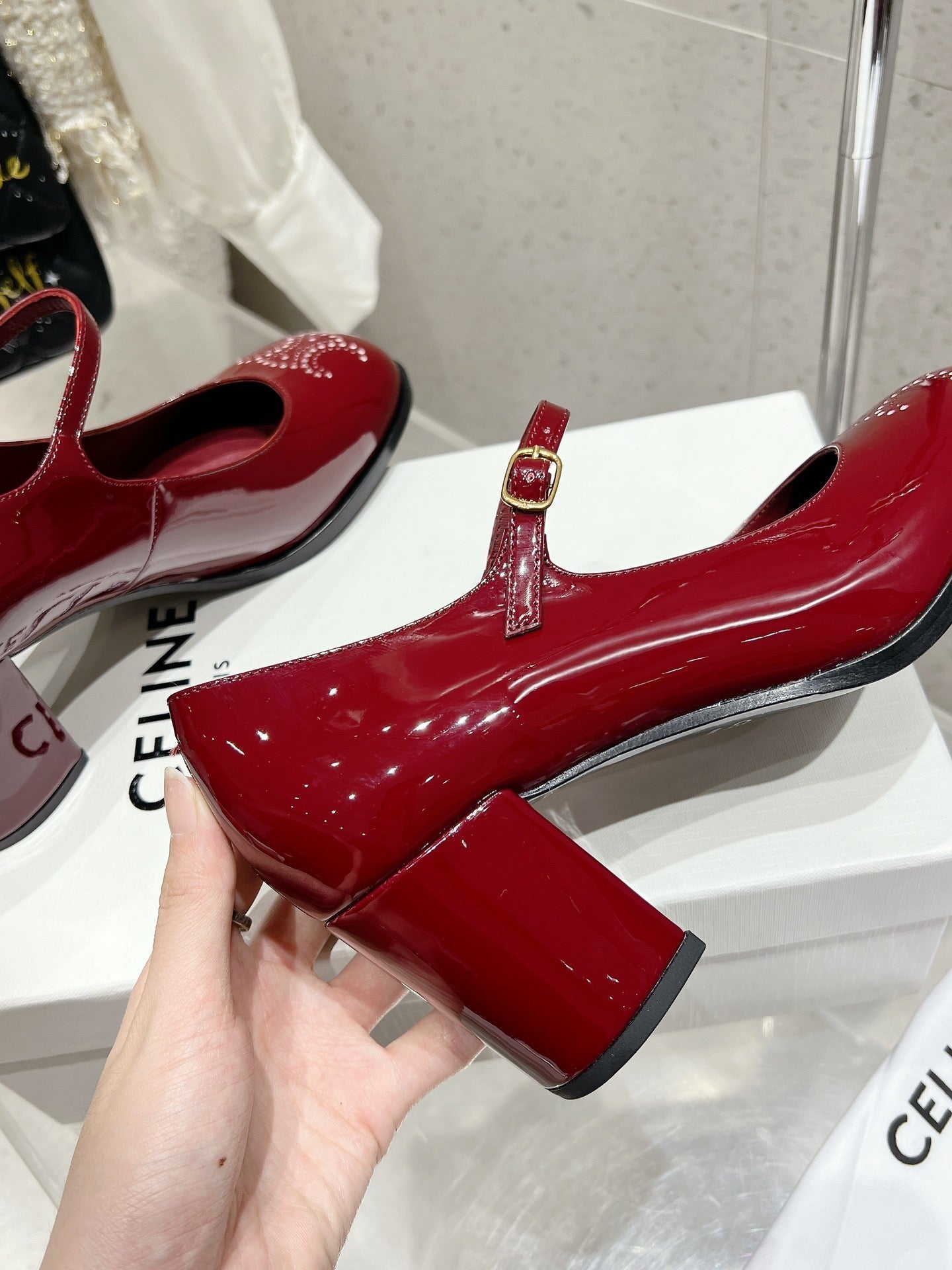 HIGH MARY JANE SHOES IN GARNET RED PATENT CALFSKIN - 35